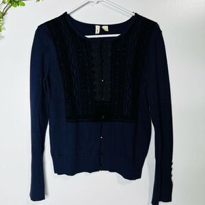 Moth Women's Navy Blue Black Lace Long Sleeve Cardigan Sweater Size Small